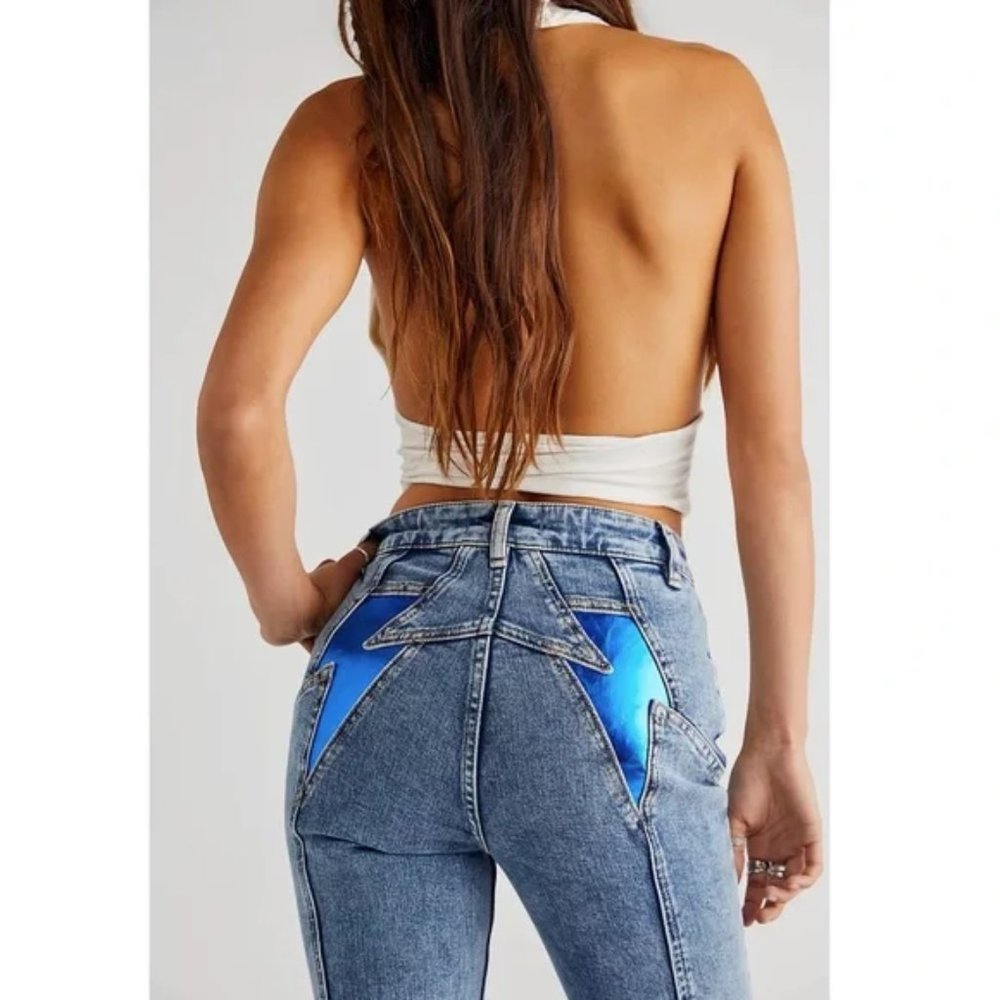 NEW FREE PEOPLE BLUE LIGHTNING BOLT THUNDERBIRDS FESTIVAL METALLIC JEANS 31 💙💙